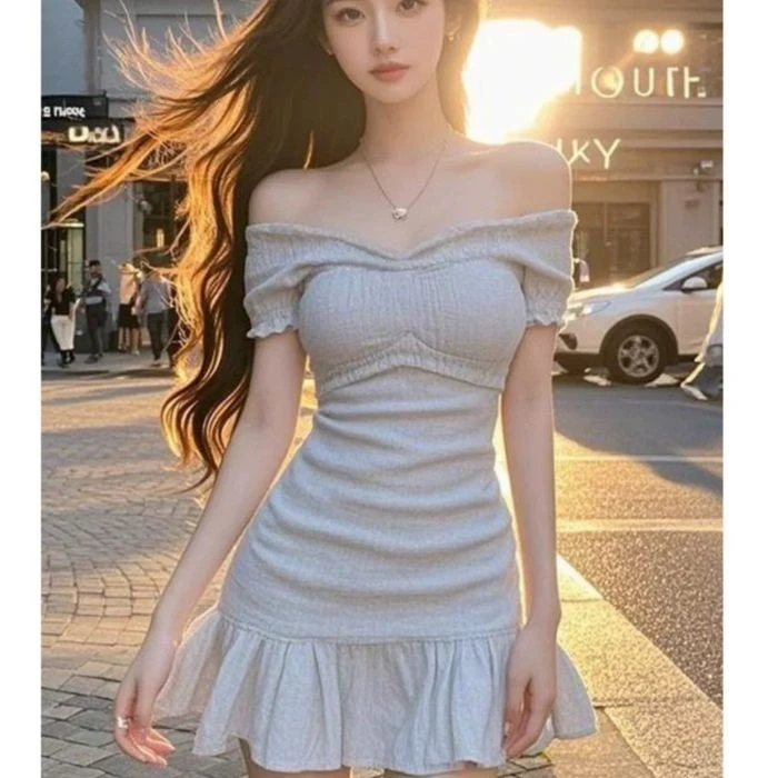 纯欲辣妹气质一字肩修身连衣裙2025夏季新款小个子性感a字裙女装