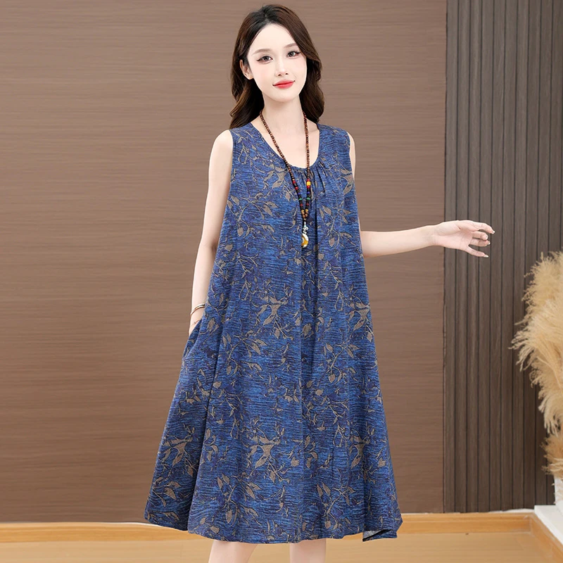 夏季新款吊带裙妈妈装中老年棉绸连衣裙女中长款宽松大码无袖睡裙