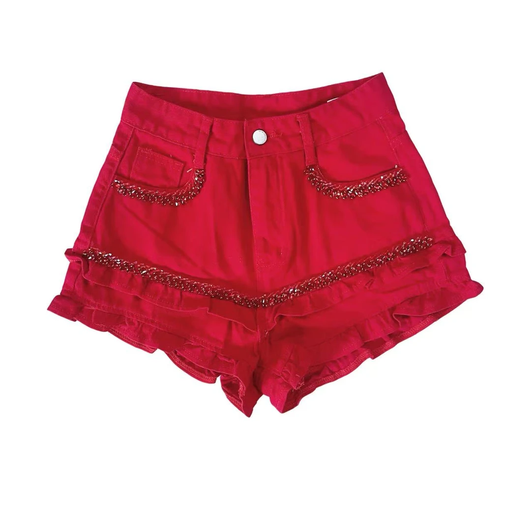 【漫老板】私服 定制清新减龄重工钉珠木耳边牛仔短裤