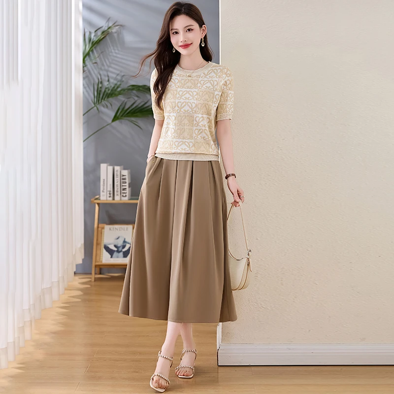薄款针织短袖t恤套装女夏时尚减龄宽松显瘦短款上衣半身裙两件套