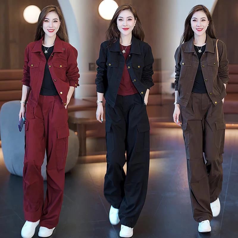 时尚休闲工装裤套装女2025秋季新款今年流行时尚牛仔短外套两件套