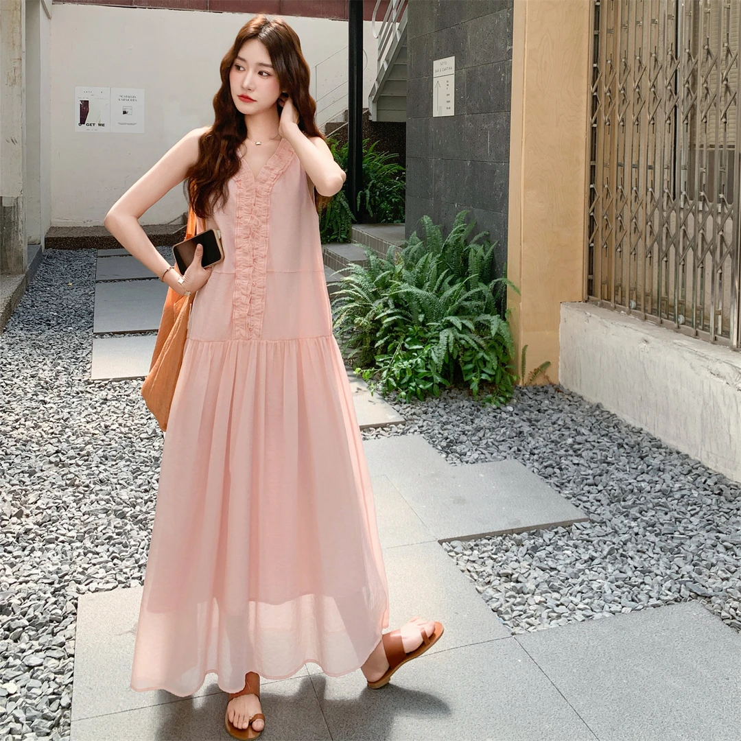 粉色无袖连衣裙女夏季2025新款甜美减龄温柔度假风松弛感背心裙子