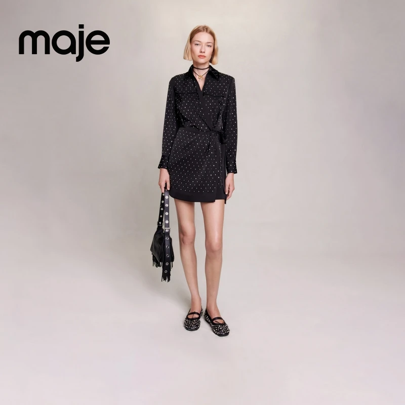 暖系穿搭|【专享款】Maje春夏女装高级感黑色衬衫连衣裙MFPRO03224
