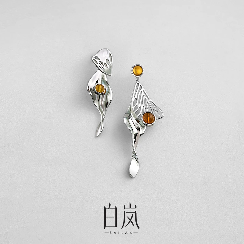 白岚蝶尾耳钉琥珀新款精致设计感小众气质耳钉复古轻奢时尚ED4325