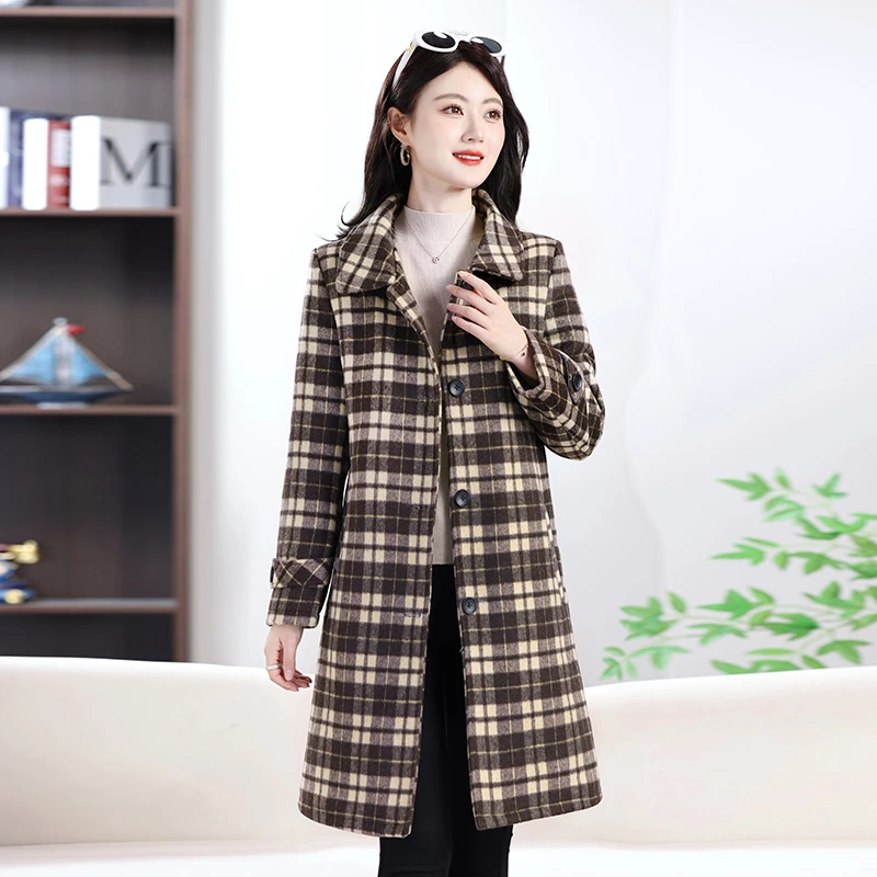 中老年女装秋冬季妈妈装格子风衣中长款加厚夹棉翻领百搭呢子外套