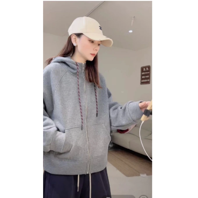 44D22【lu系女孩】新款加厚拉链宽松设计师款加绒显瘦连帽卫衣外套