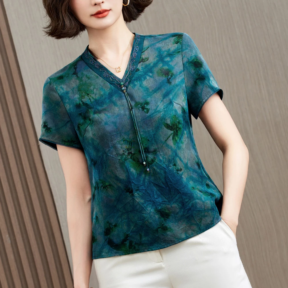 新中式花萝香云纱上衣女2025夏季新款年轻妈妈高端真丝桑蚕丝衬衫