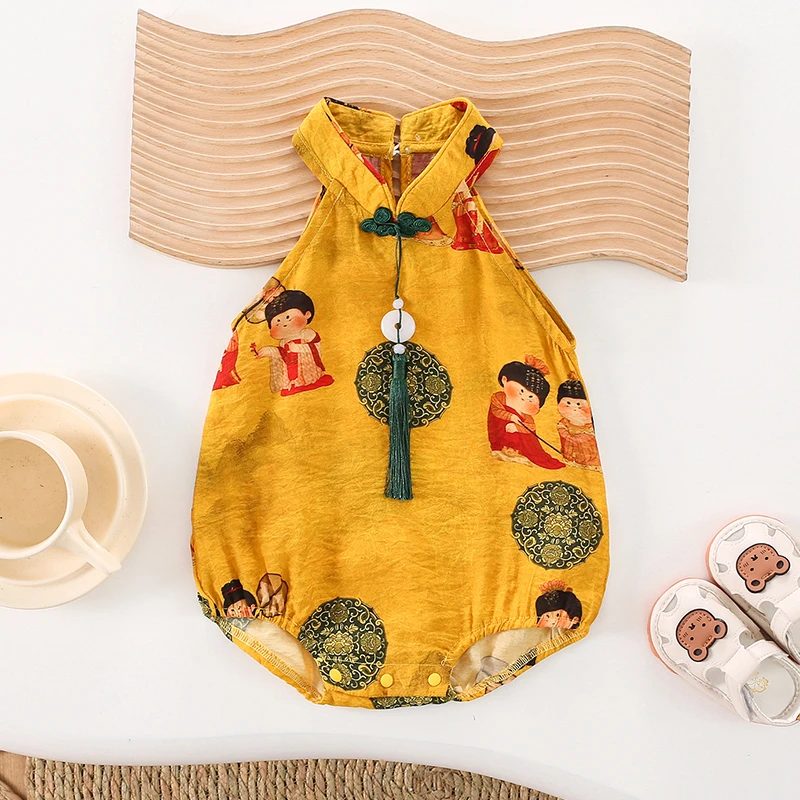 ZY新生婴儿夏季薄款三角包屁衣复古中国风公主无袖哈衣ZPX3266