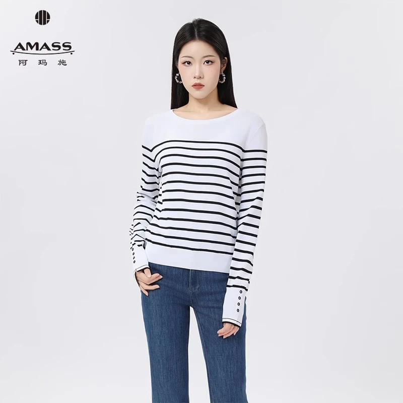 AMASS/阿玛施早春新款休闲舒适上衣气质百搭撞色条纹针织衫538025