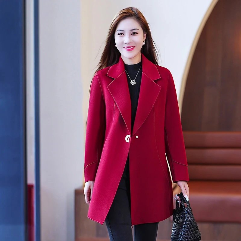 中长款双面毛呢大衣外套女士秋冬新款2025年时尚妈妈高端大红西装