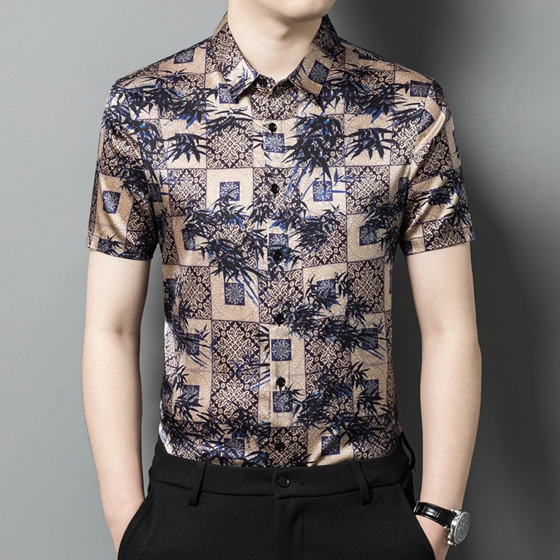 真丝桑蚕丝花衬衫男士短袖夏季轻奢轻薄丝滑透气宽松舒适新款爆款