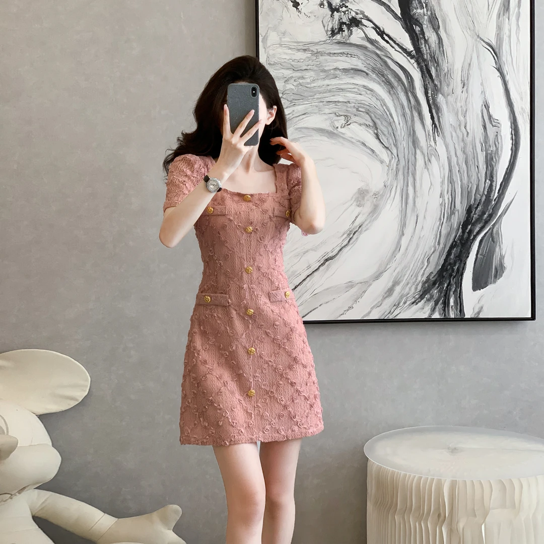 高腰拉链方领夏季法式短袖连衣裙女2025新款复古蕾丝显瘦礼服裙子