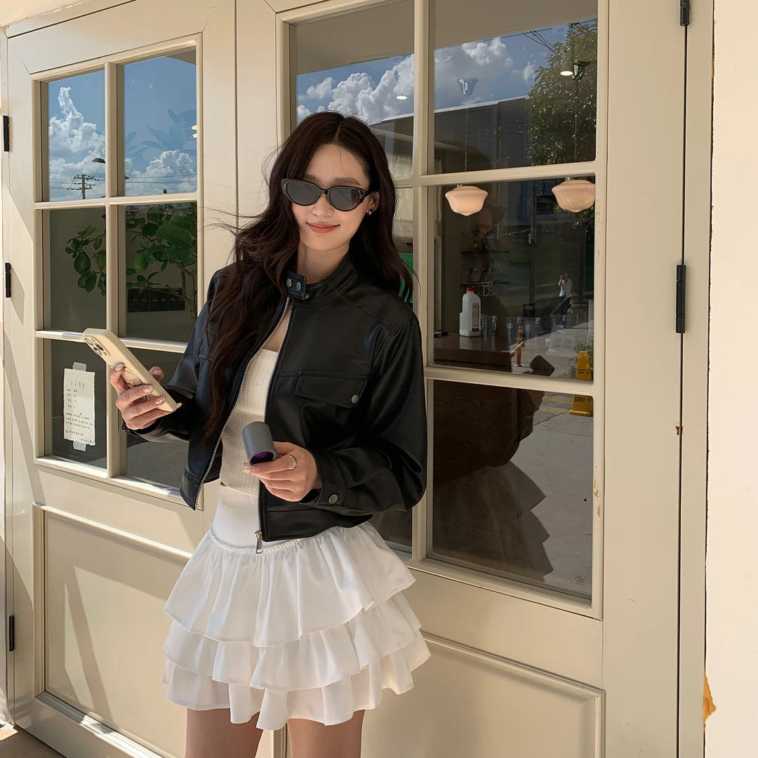 【夏日余温】韩版独特超好看小个子皮衣外套女短款爆款黑色夹克