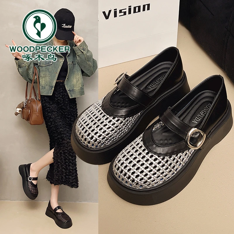 啄木鸟镂空乐福鞋女2025夏季新款透气厚底时尚百搭玛丽珍增高单鞋