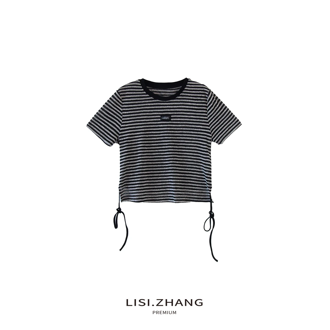 LISI.ZHANG--【条纹绑带T恤】休闲宽松后系带时尚简约条纹T恤
