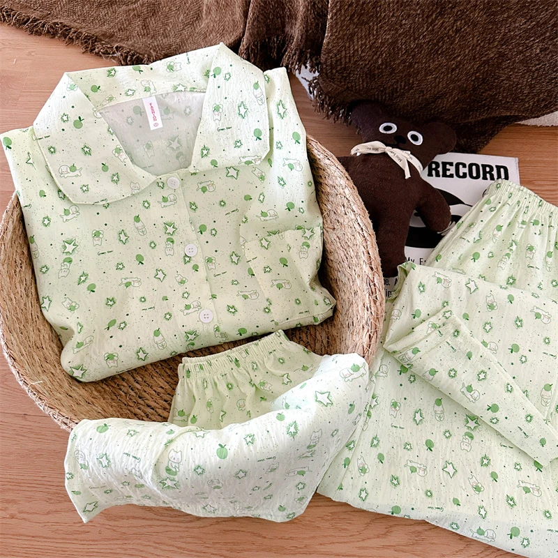 【青苹果】云朵棉睡衣女夏季薄款短袖短裤长裤透气甜美卡通三件套装