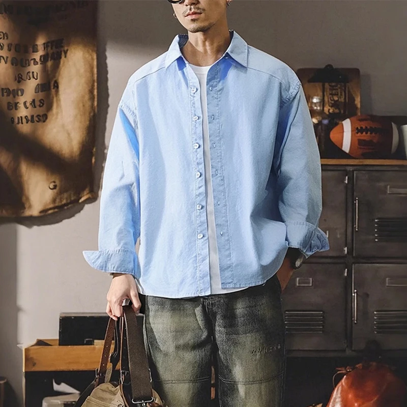 春秋款日系纯棉蓝色牛津纺长袖衬衫男宽松纯色百搭休闲衬衣潮T
