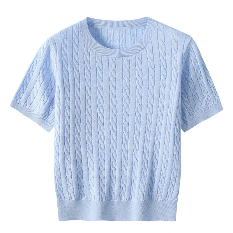 Sue.m气质百搭时尚老钱拉夫风绞花短袖毛衣显瘦针织衫纯色圆领女