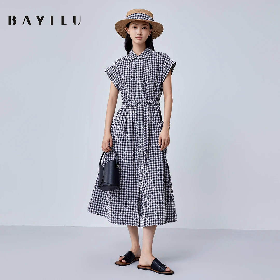 【田心】芭依璐夏季连衣裙女法式简约格纹衬衫长裙90L7068