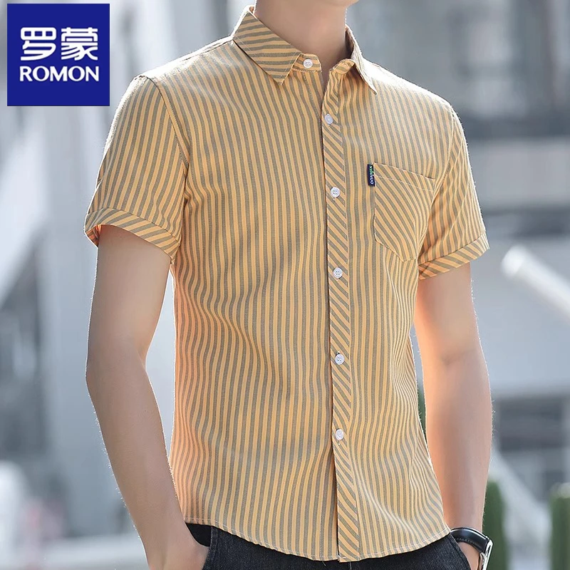 罗蒙条纹衬衫男士夏季薄款休闲短袖寸衫修身时尚百搭工装衬衣服