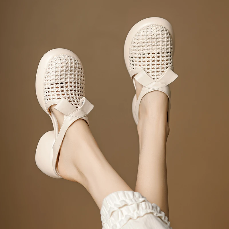 2025年新款厚底牛皮跟高6公分休闲时尚凉鞋高跟镂空一脚蹬凉拖鞋