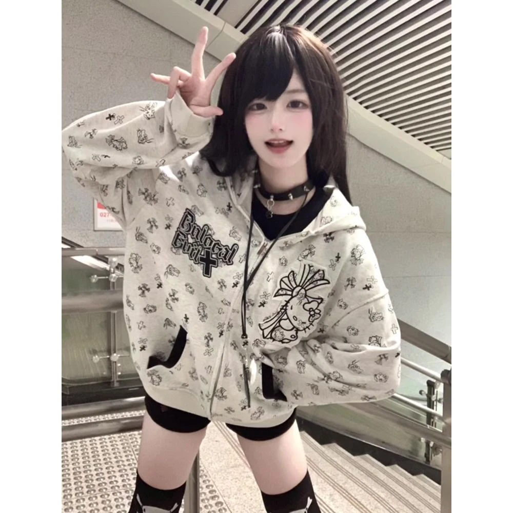 【辣妹】美式复古学院风连帽卫衣女秋冬宽松凯蒂猫满印开衫厚外套