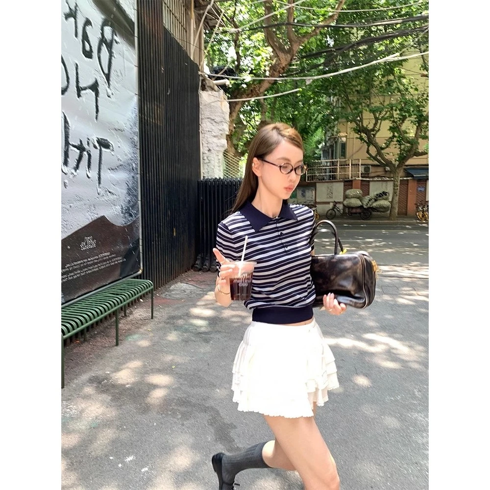 复古撞色条纹polo领针织衫女夏季新款翻领打底衫正肩长袖T恤上衣