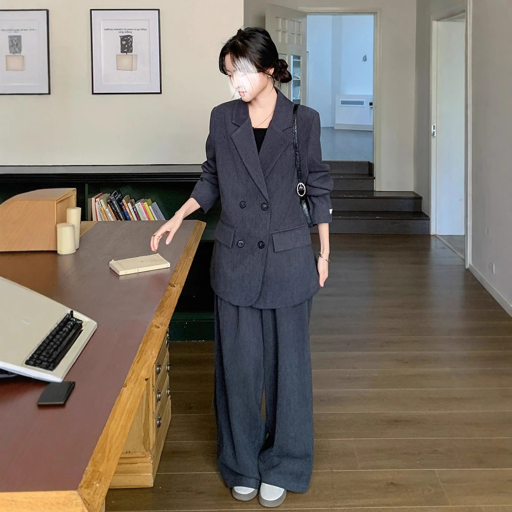 大码灰色西装套装女2025新款秋季气质时尚宽松西服阔腿长裤两件套