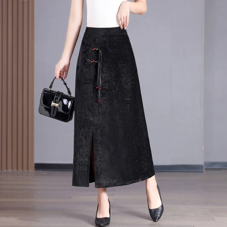 时尚妈妈春夏款黑色高腰半身裙松紧腰女士开叉提花刺绣国风长裙