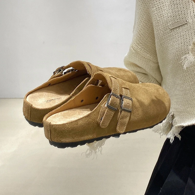 网红爆款磨砂懒人一脚蹬博肯鞋女2025早春新款休闲百搭平底半拖鞋