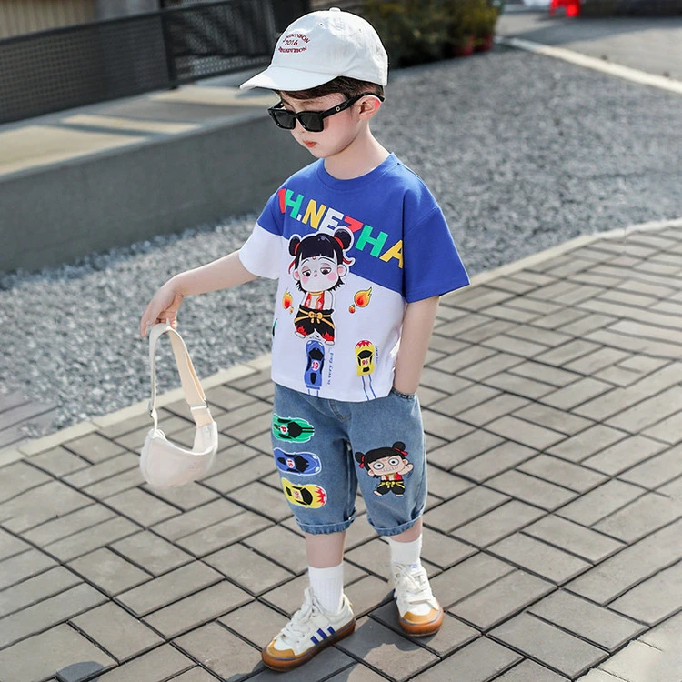 哪吒衣服2025新款夏季男童套装宝宝夏装洋气时髦儿童短袖体恤短裤