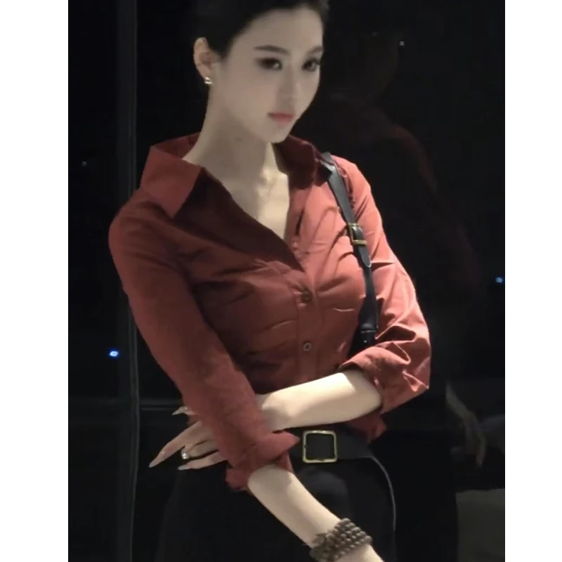 红色POLO领衬衫女春季设计感小众修身叠穿内搭长袖衬衣洋气上衣