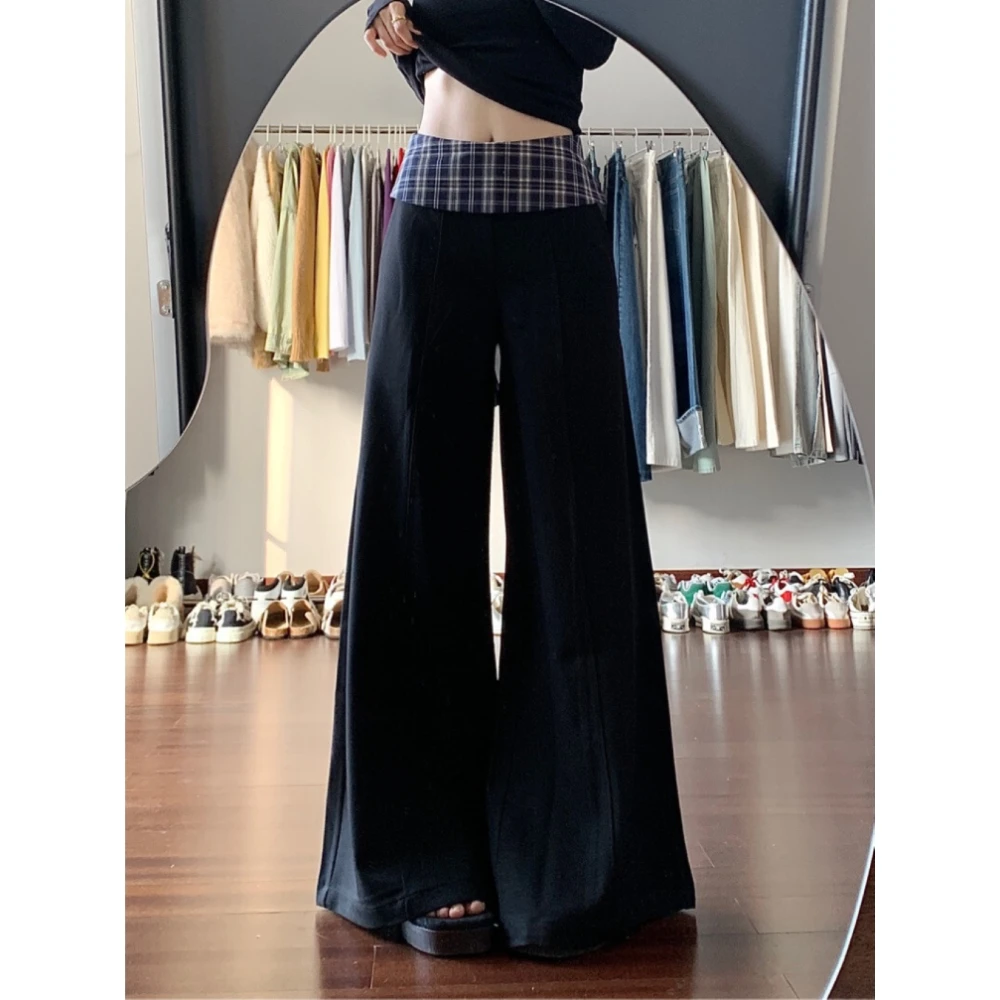 美式复古腰头拼接格纹休闲裤女春季设计感慵懒垂感宽松阔腿长裤子