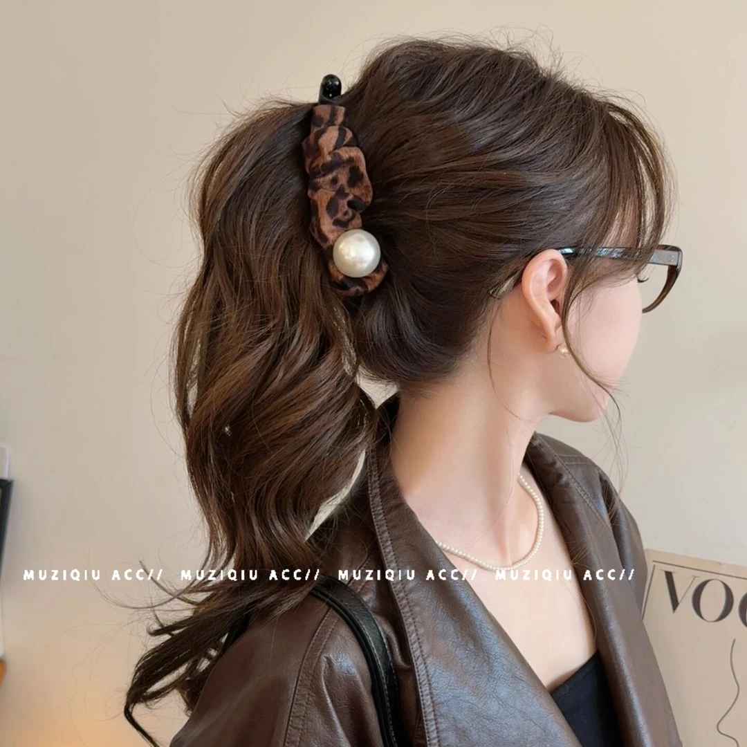 木子秋韩系复古豹纹珠珠高马尾香蕉夹高级感气质时尚优雅百搭发夹