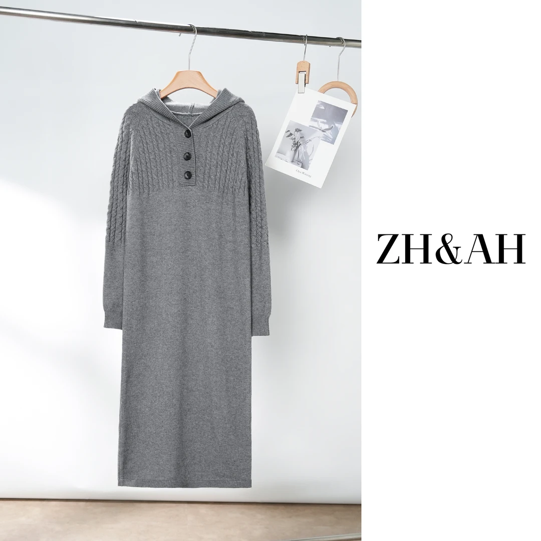 ZH&AH【复古绞花】冬季新款时尚气质百搭设计感孕期通勤连帽毛衣裙
