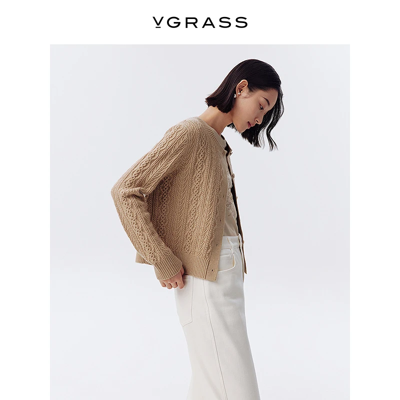 【晨粉专享】VGRASS欧若智性风25年春季新款羊毛针织开衫VZO2Q1504D