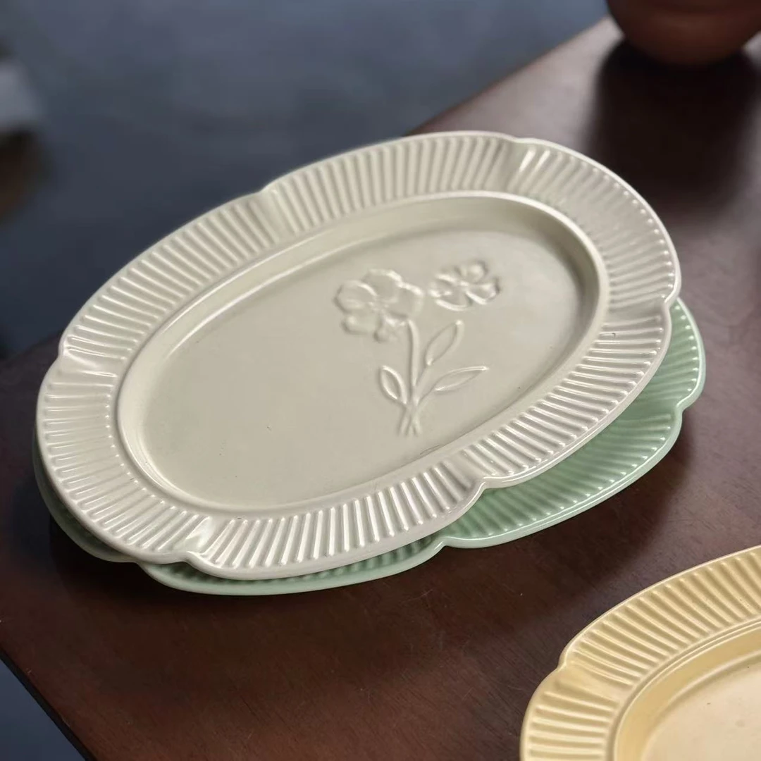 p303 小清新椭圆盘哑光花朵早餐盘10.2英寸菜盘 微瑕 凑满20发货