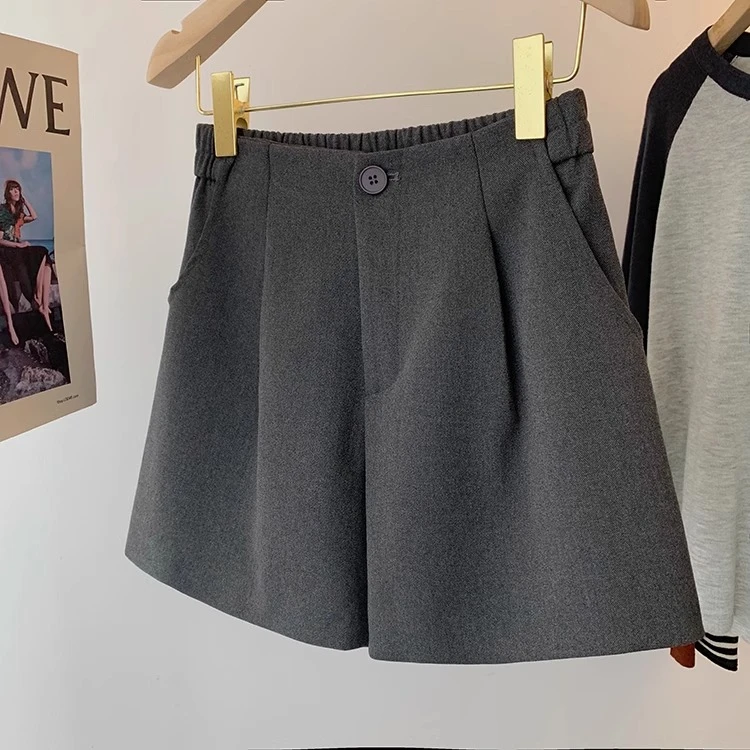 灰色毛呢短裤女秋冬大码显瘦高腰呢子百搭靴裤外穿打底a字阔腿裤