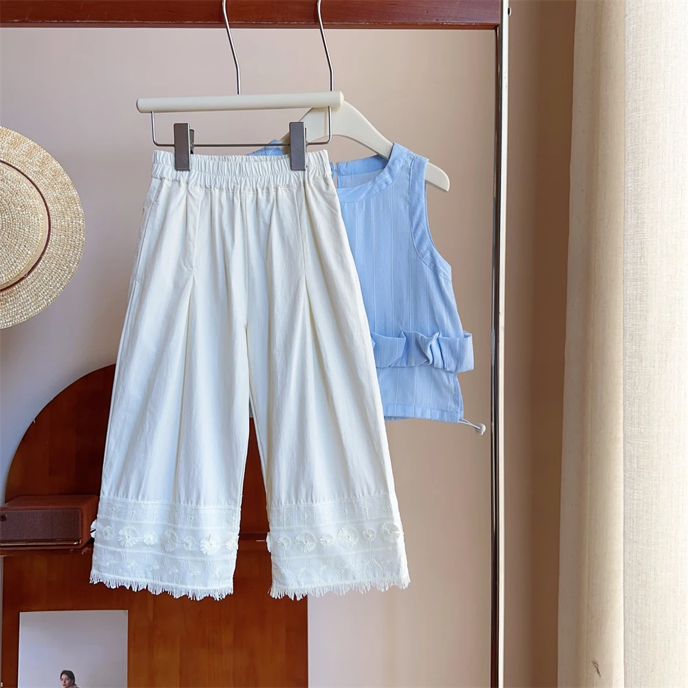 现货【然絮】夏季女童5496纯棉九分裤直筒裤纯色百搭韩版女孩裤子