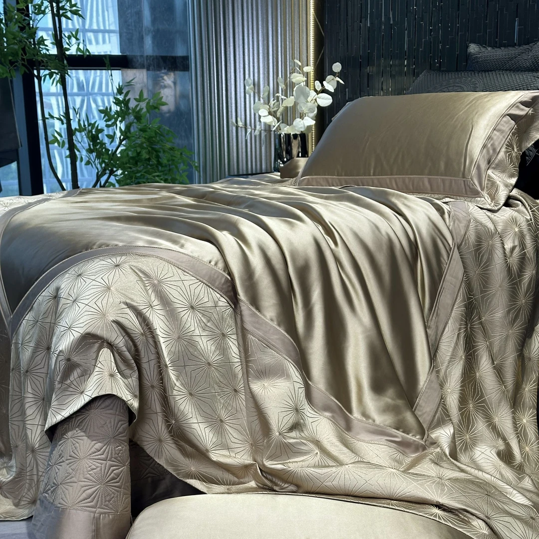 慧媄居-【贵妇款】顶奢真丝手绘色织提花埃及长绒棉床盖四件套