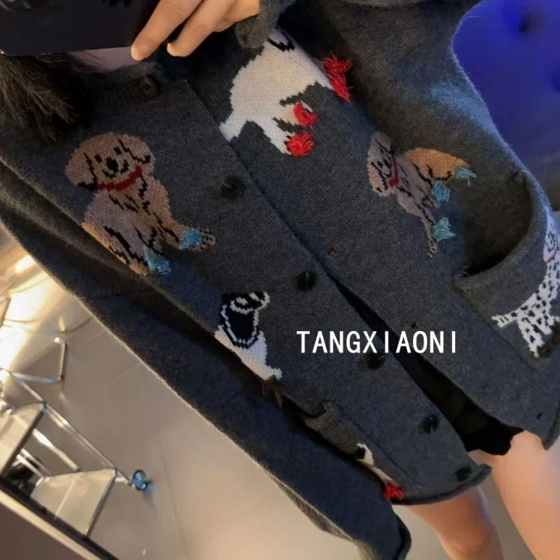 5店 【童趣小狗】七彩提花烟灰色开衫潮牌女装