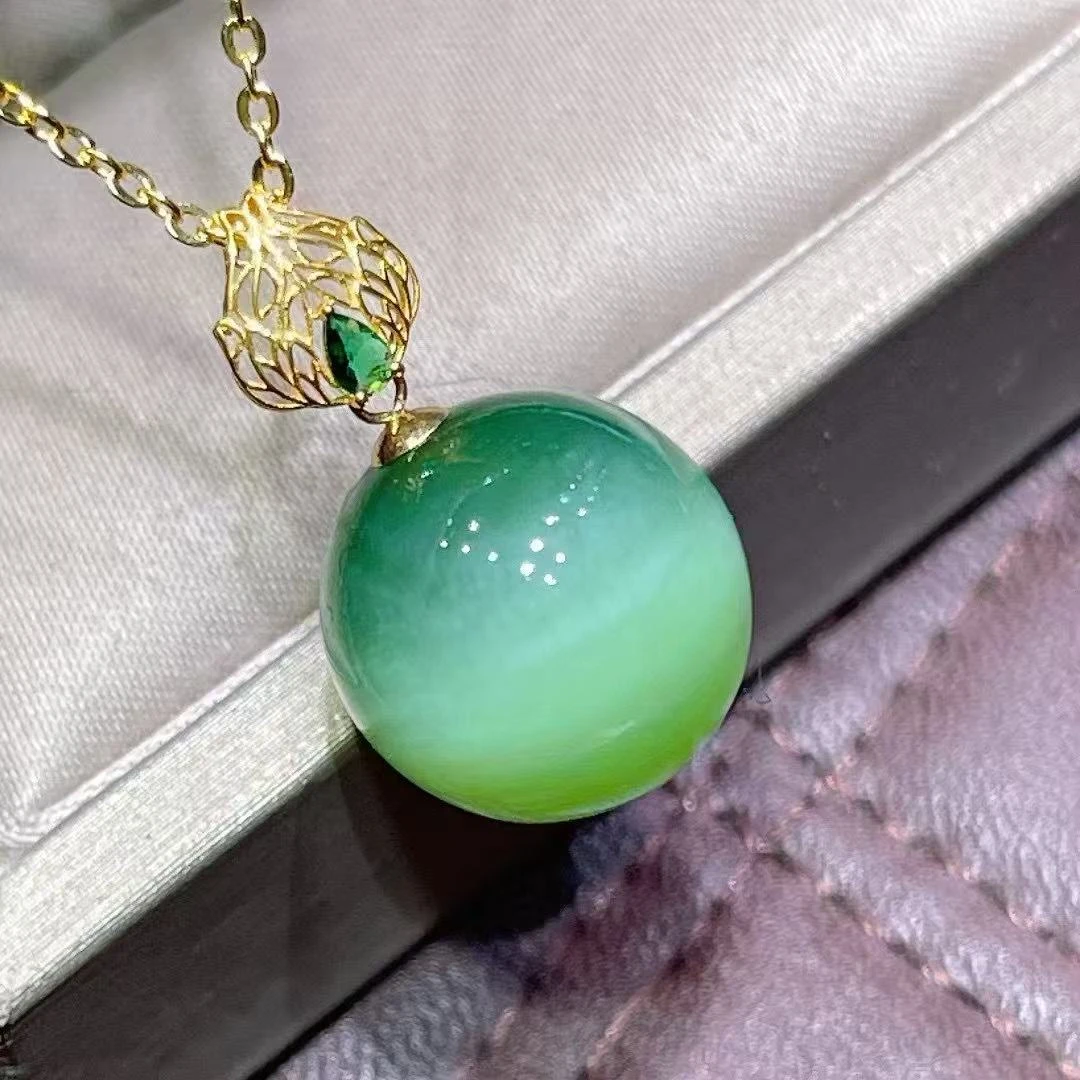 网瓷专属-碧玉阳绿猫眼18K金镶吊坠 多样性发其一