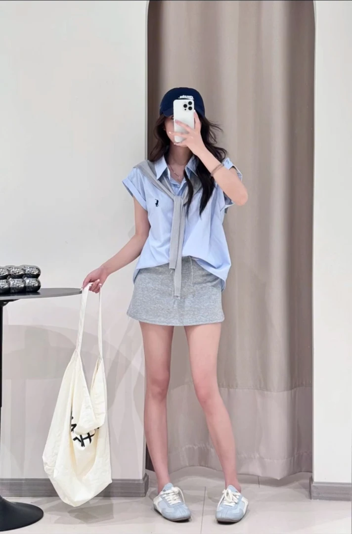 DOUBLE J夏季慵懒风条纹刺绣女装无袖真两件衬衫披肩