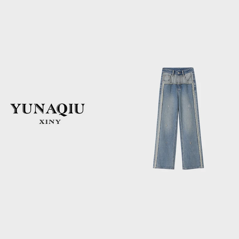 YUNAQIU潮流设计师重工拼接休闲牛仔裤宽松阔腿时尚百搭长裤-5699