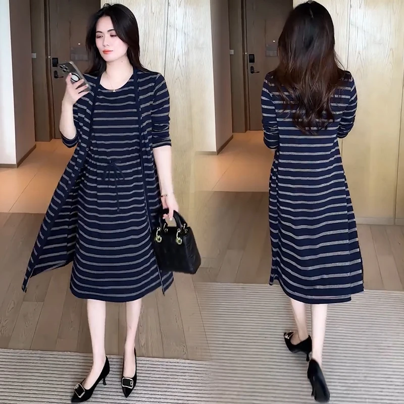 时尚条纹连衣裙套装女2025秋季新款洋气宽松长袖外披中长裙两件套