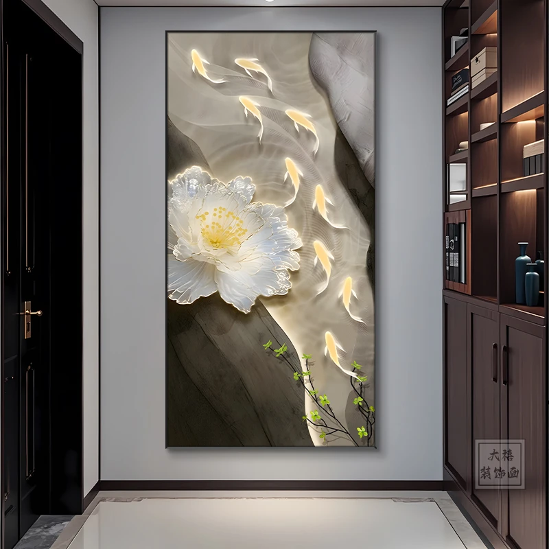 石来运转九鱼图入户玄关装饰画走廊过道新中式挂画高档大气好寓意