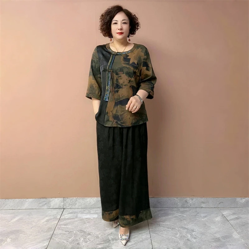 2521新中式真丝上衣夏季新款宽松遮肉大码洋气中老年妈妈两件套装