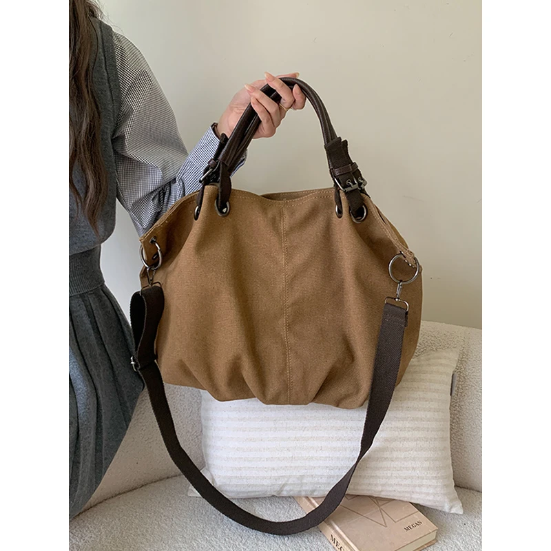 2025新款日系托特包女士大容量帆布袋复古通勤手提包单肩斜挎大包