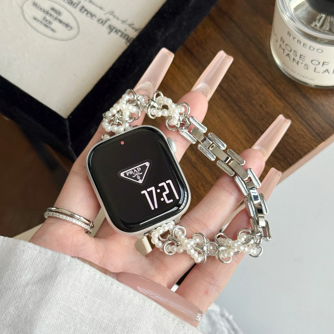 适用苹果手表iwatchs10代珍珠链条金属表带applewatchs9se678表带