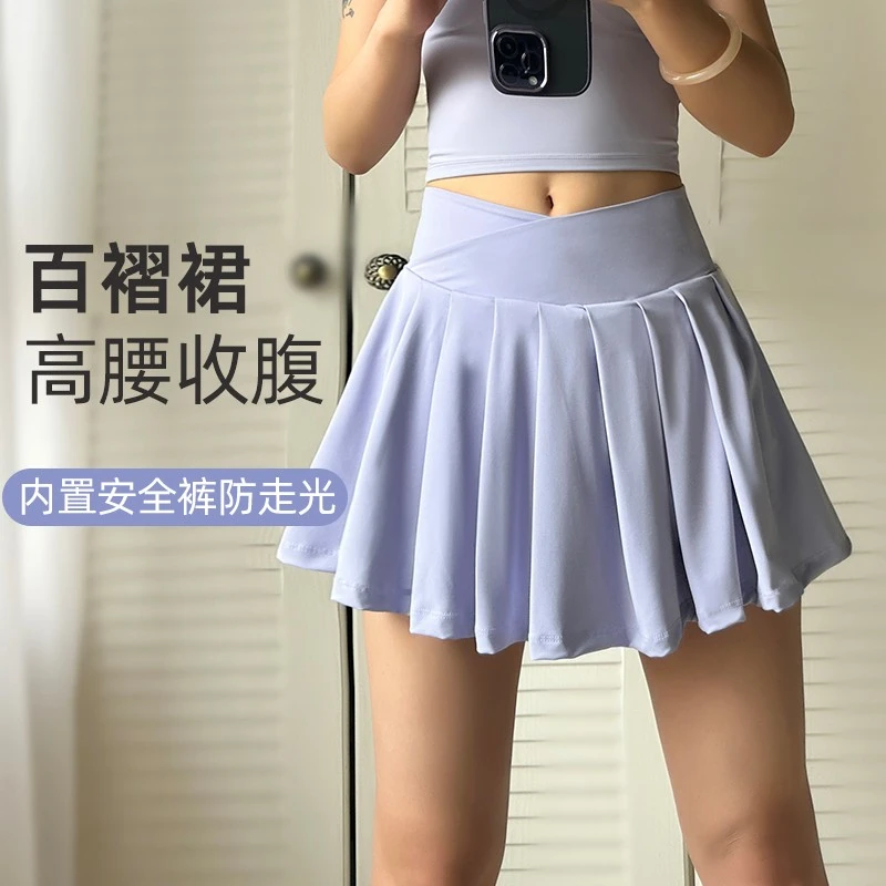 半身裙女健身高腰带口袋跑步训练瑜伽裤裙羽毛球速干网球百褶短裙